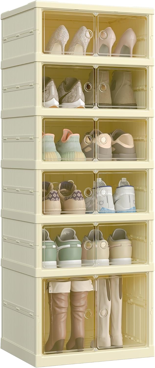 Scarpiera, Scaffale per Scarpe Slim, Organizer per Scarpe Pieghevole, Anta Trasparente, per 12 Paia, Stivali Sneaker, Ingresso Soggiorno, 6 Ripiani, Bianco - 图片 4