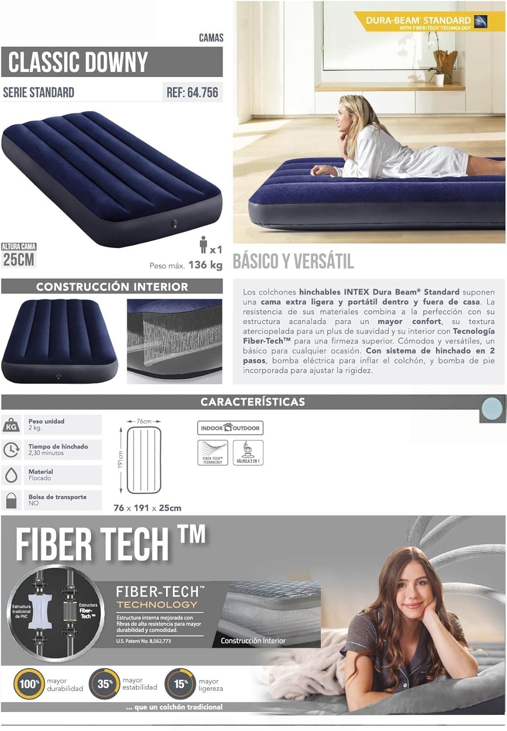 iMaterasso Gonfiabile Dura-Beam Classic Downy Singolo, PVC, Blu, 76x191x25 cm - 图片 8